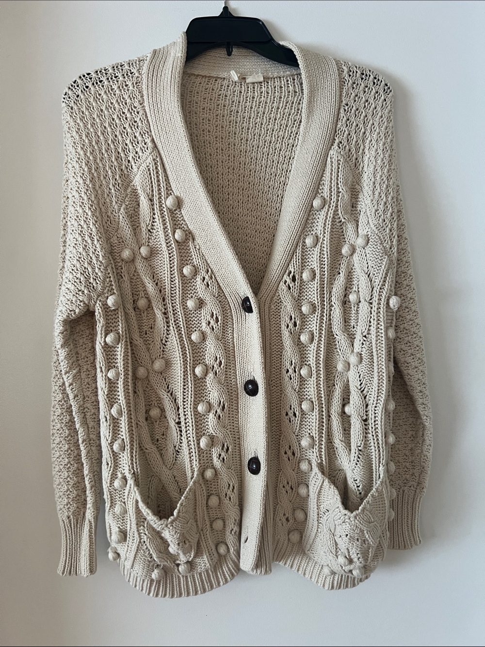 Cream Bobble Knit Cardigan Sweater - Classic Open Front